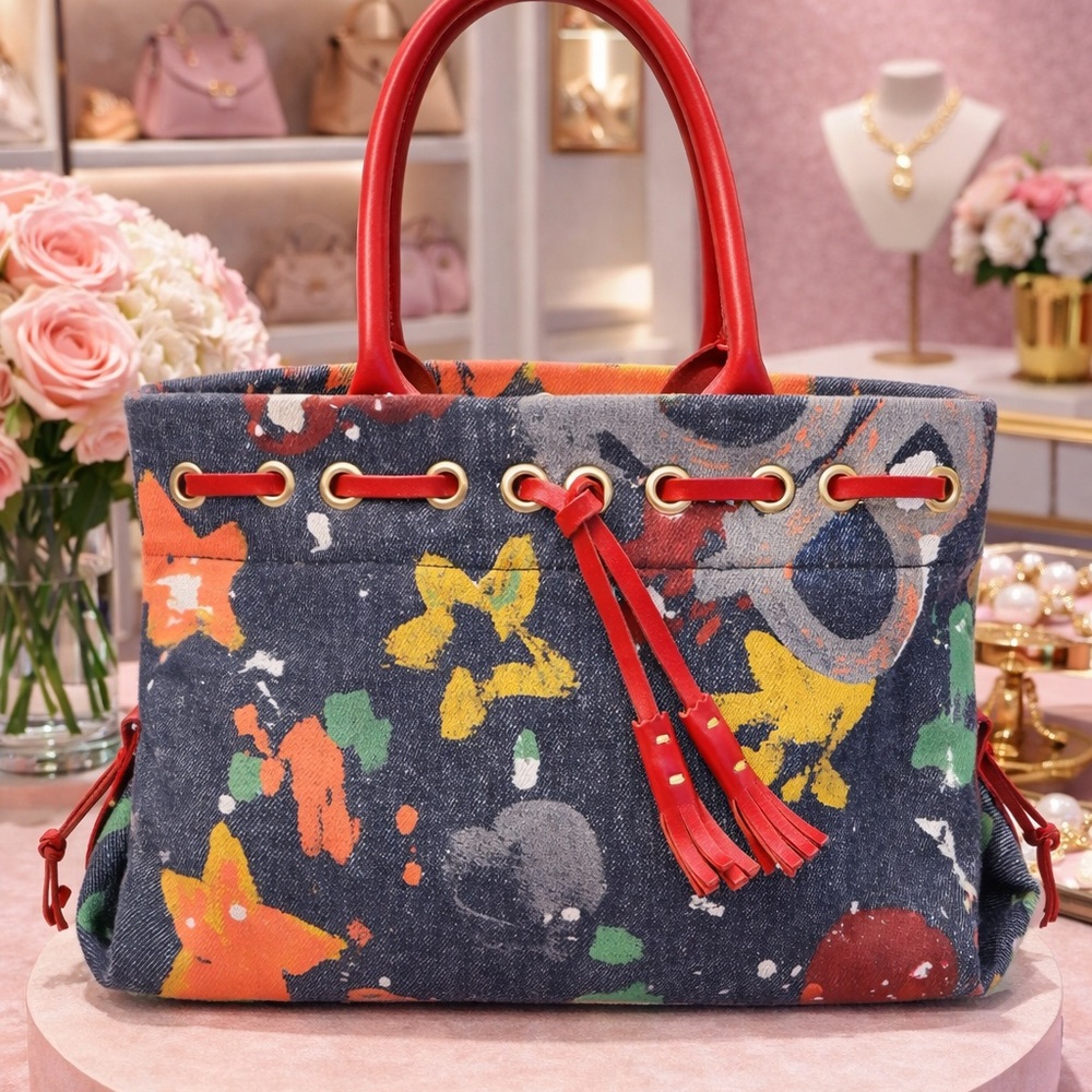 Dooney & Bourke Rare Vintage Y2K Graffiti Denim Multi Hand Bag Tote